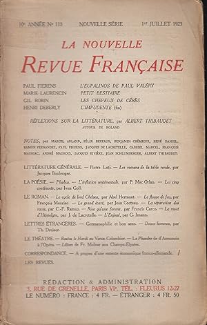 Imagen del vendedor de La Nouvelle Revue Franaise - 10e anne, N 113 - Nouvelle Srie - 1er Juillet 1923. a la venta por PRISCA
