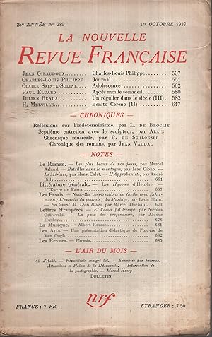 Seller image for La Nouvelle Revue Franaise Octobre 1937 N 289 for sale by PRISCA