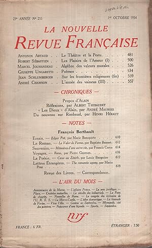 Seller image for La Nouvelle Revue Franaise Octobre 1934 N 253 for sale by PRISCA