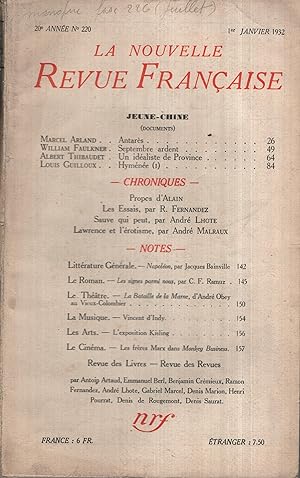 Seller image for La Nouvelle Revue Franaise Janvier 1932 N 220 for sale by PRISCA