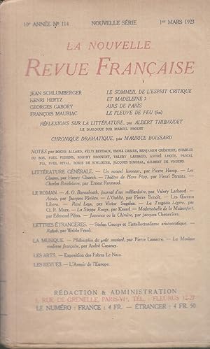 Bild des Verkufers fr La Nouvelle Revue Franaise - Nouvelle srie - 10e anne - N 114 - 1er Mars 1923. zum Verkauf von PRISCA