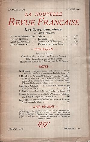 Immagine del venditore per La Nouvelle Revue Franaise Mars 1934 N 246 venduto da PRISCA