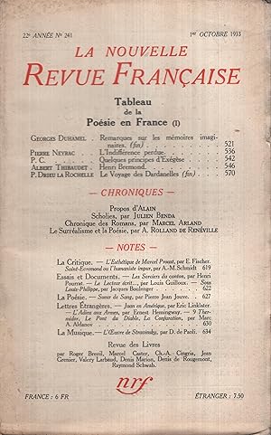 Bild des Verkufers fr La Nouvelle Revue Franaise Octobre 1933 N 241 zum Verkauf von PRISCA