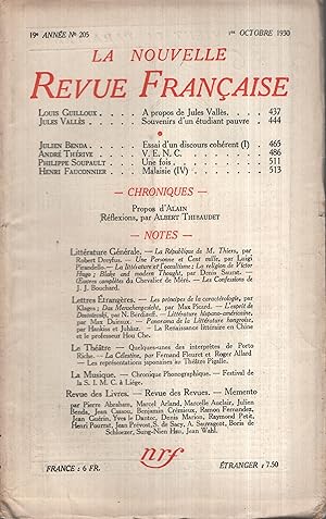 Image du vendeur pour La Nouvelle Revue Franaise Octobre 1930 N 205 mis en vente par PRISCA