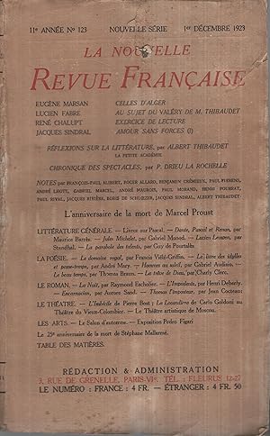 Bild des Verkufers fr La Nouvelle Revue Franaise Dcembre 1923 N 123 zum Verkauf von PRISCA