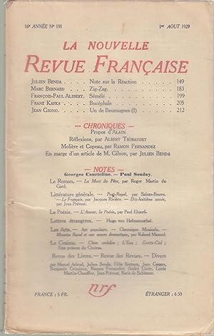Image du vendeur pour La Nouvelle Revue Franaise - 16e anne N 191 - 1er Aot 1929. mis en vente par PRISCA