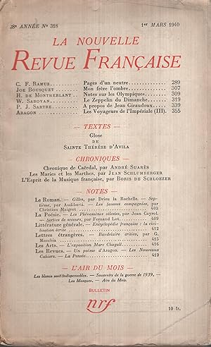 Immagine del venditore per La Nouvelle Revue Franaise Mars 1940 N 318 venduto da PRISCA