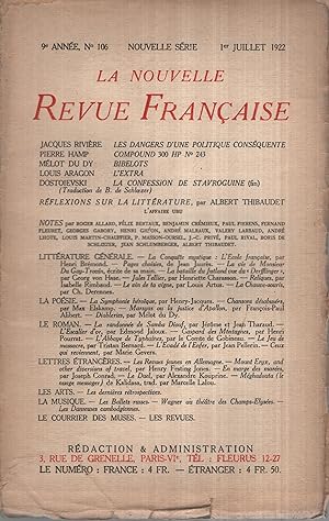 Immagine del venditore per La Nouvelle Revue Franaise Juillet 1922 N 106 venduto da PRISCA