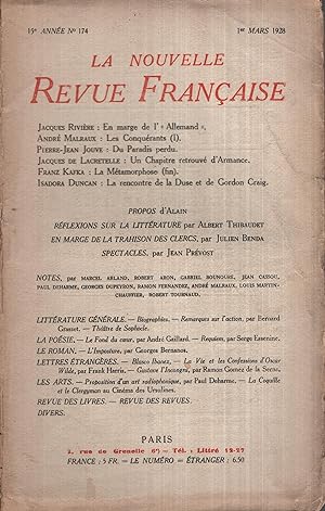 Seller image for La Nouvelle Revue Franaise Mars 1928 N 174 for sale by PRISCA