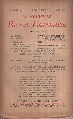 Seller image for La Nouvelle Revue Franaise Avril 1921 N 91 for sale by PRISCA