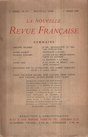 Imagen del vendedor de La Nouvelle Revue Franaise Mars 1920 N 78 a la venta por PRISCA
