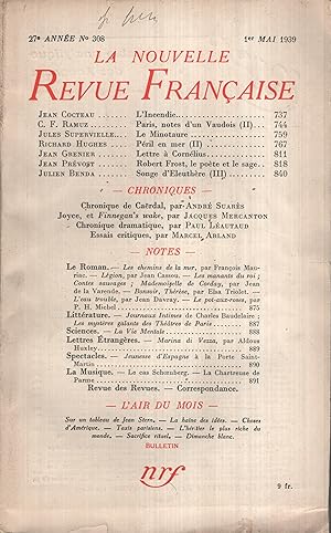 Bild des Verkufers fr La Nouvelle Revue Franaise Mai 1939 N 308 zum Verkauf von PRISCA