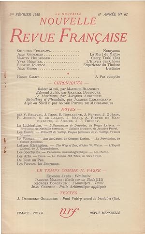 Bild des Verkufers fr La nouvelle nouvelle revue Franaise n 62 fvrier 1958 zum Verkauf von PRISCA
