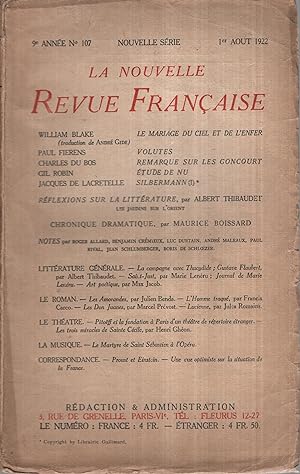 Imagen del vendedor de La Nouvelle Revue Franaise Aot 1922 N 107 a la venta por PRISCA