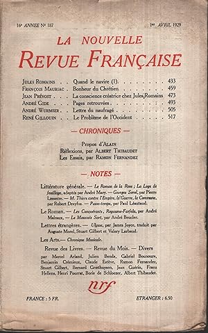 Seller image for La Nouvelle Revue Franaise Avril 1929 N 187 for sale by PRISCA