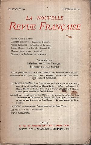 Seller image for La Nouvelle Revue Franaise Septembre 1928 N 180 for sale by PRISCA