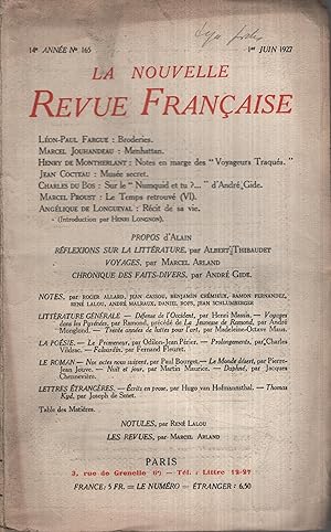 Image du vendeur pour La Nouvelle Revue Franaise Juin 1927 N 165 mis en vente par PRISCA