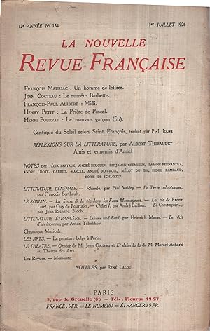 Immagine del venditore per La Nouvelle Revue Franaise Juillet 1926 N 154 venduto da PRISCA