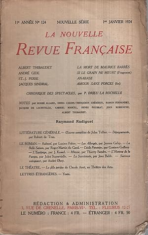 Bild des Verkufers fr La Nouvelle Revue Franaise Janvier 1924 N 124 zum Verkauf von PRISCA
