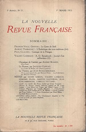Imagen del vendedor de La Nouvelle Revue Franaise Mars 1913 N 51 a la venta por PRISCA
