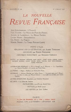 Image du vendeur pour La Nouvelle Revue Franaise Juillet 1927 N 166 mis en vente par PRISCA