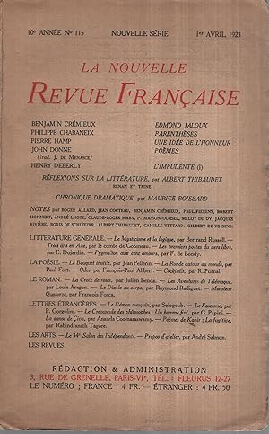Immagine del venditore per La Nouvelle Revue Franaise Avril 1923 N 115 venduto da PRISCA