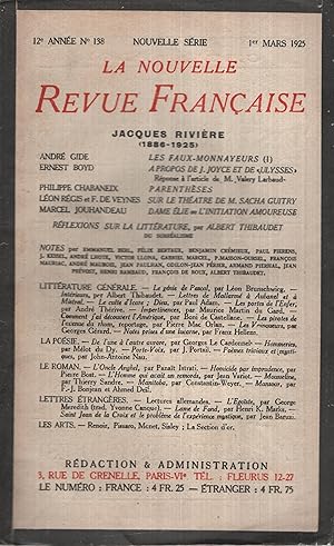 Bild des Verkufers fr La Nouvelle Revue Franaise Mars 1925 N 138 zum Verkauf von PRISCA