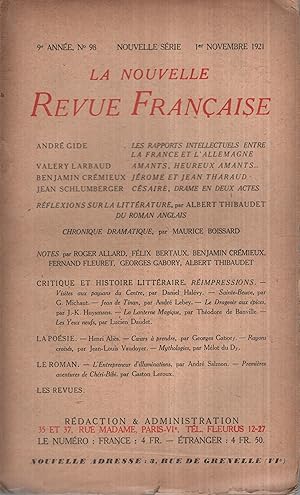 Seller image for La Nouvelle Revue Franaise Novembre 1921 N 98 for sale by PRISCA
