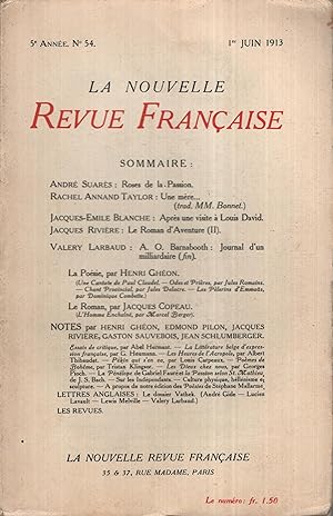 Image du vendeur pour La Nouvelle Revue Franaise Juin 1913 N 54 mis en vente par PRISCA