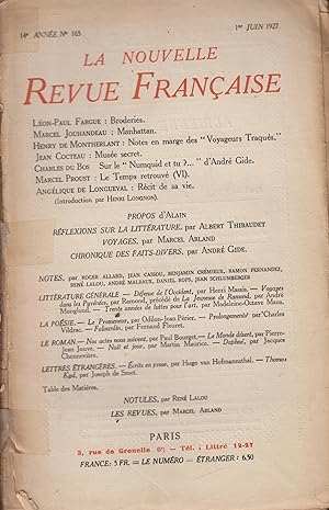 Bild des Verkufers fr La Nouvelle Revue Franaise Juin 1927 N 165 zum Verkauf von PRISCA