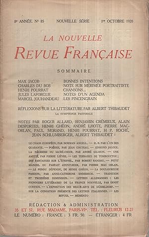 Image du vendeur pour La Nouvelle Revue Franaise Octobre 1920 N 85 mis en vente par PRISCA