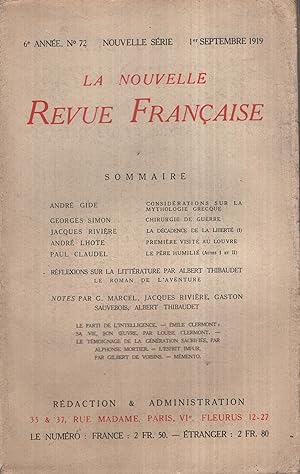 Image du vendeur pour La Nouvelle Revue Franaise Septembre 1919 N 72 mis en vente par PRISCA