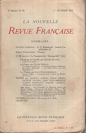 Imagen del vendedor de La Nouvelle Revue Franaise Fvrier 1913 N 50 a la venta por PRISCA