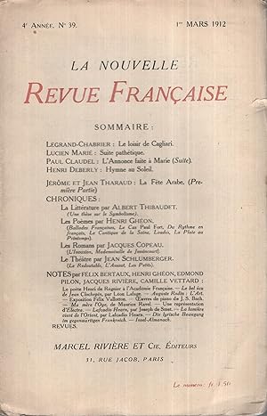 Seller image for La Nouvelle Revue Franaise Mars 1912 N 39 for sale by PRISCA