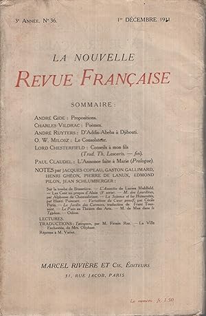 Imagen del vendedor de La Nouvelle Revue Franaise Dcembre 1911 N 36 a la venta por PRISCA