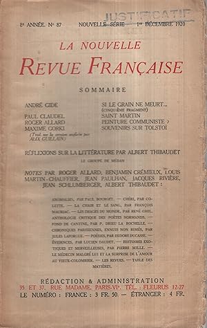 Immagine del venditore per La Nouvelle Revue Franaise Dcembre 1920 N 87 venduto da PRISCA