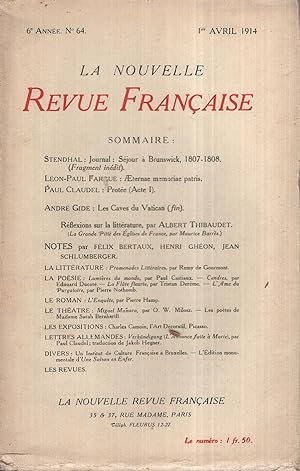 Imagen del vendedor de La Nouvelle Revue Franaise Avril 1914 N 64 a la venta por PRISCA