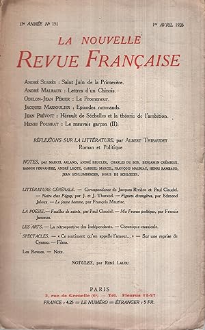Bild des Verkufers fr La Nouvelle Revue Franaise Avril 1926 N 151 zum Verkauf von PRISCA