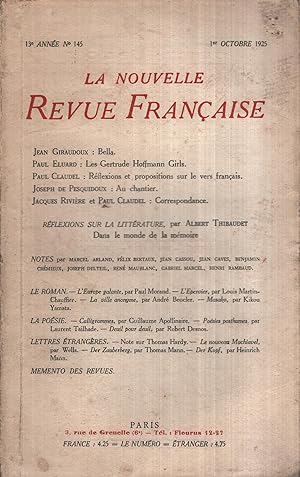 Seller image for La Nouvelle Revue Franaise Octobre 1925 N 145 for sale by PRISCA