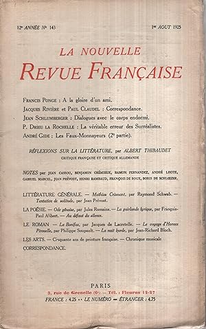 Seller image for La Nouvelle Revue Franaise Aot 1925 N 143 for sale by PRISCA