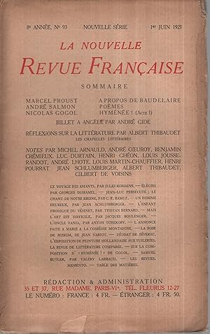 Imagen del vendedor de La Nouvelle Revue Franaise Juin 1921 N 93 a la venta por PRISCA