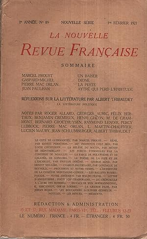 Image du vendeur pour La Nouvelle Revue Franaise Fvrier 1921 N 89 mis en vente par PRISCA