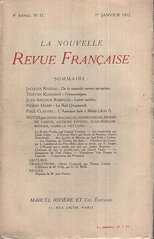 Seller image for La Nouvelle Revue Franaise Janvier 1912 N 37 for sale by PRISCA