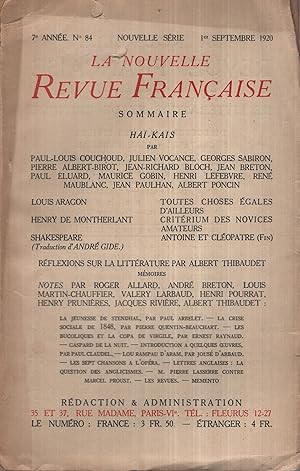 Bild des Verkufers fr La Nouvelle Revue Franaise Septembre 1920 N 84 zum Verkauf von PRISCA