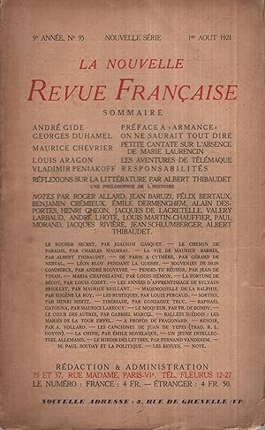 Bild des Verkufers fr La Nouvelle Revue Franaise Aot 1921 N 95 zum Verkauf von PRISCA