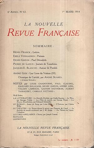 Imagen del vendedor de La Nouvelle Revue Franaise MArs 1914 N 63 a la venta por PRISCA