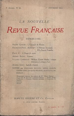 Seller image for La Nouvelle Revue Franaise Fvrier 1911 N 26 for sale by PRISCA