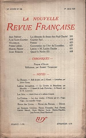 Bild des Verkufers fr La Nouvelle Revue Franaise Mai 1929 N 188 zum Verkauf von PRISCA