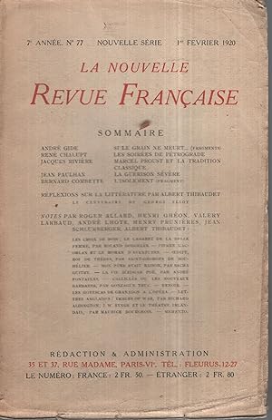 Immagine del venditore per La Nouvelle Revue Franaise Fvrier 1920 N 77 venduto da PRISCA
