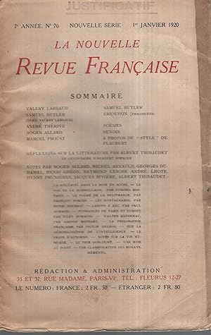 Imagen del vendedor de La Nouvelle Revue Franaise Janvier 1920 N 76 a la venta por PRISCA
